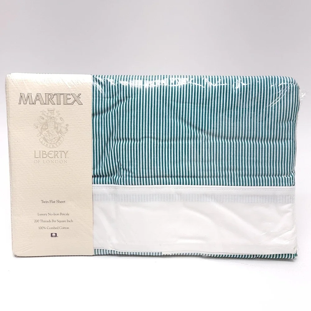 Martex Liberty of London Ascot Twin Flat Sheet Hunter Green Pinstripe 1989 NIP